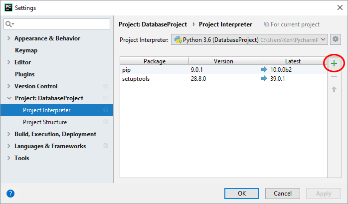 The PyCharm Settings dialog box showing the Project Interpreter section