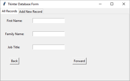 Tkinter form showing widgets on tab one