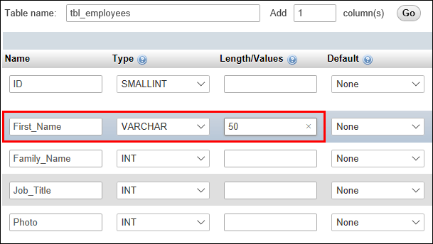 Setting a database column to VARCHAR with a length of 50 characters