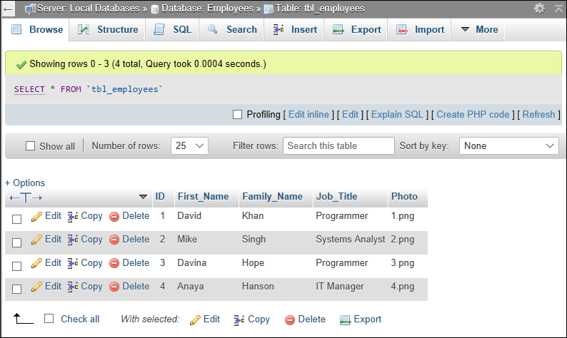 The Browse tab in phpMyAdmin showing four records added to the database table