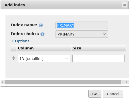 The Add Index dialog box in phpMyAdmin