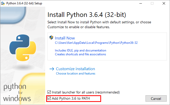 Python install screen on Windows