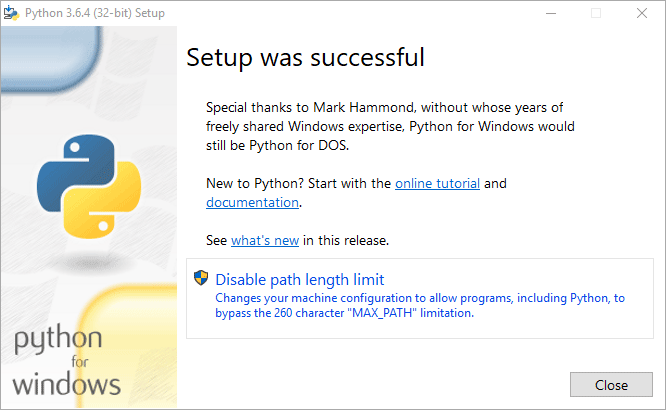 Successful install of Python 3 on Windows