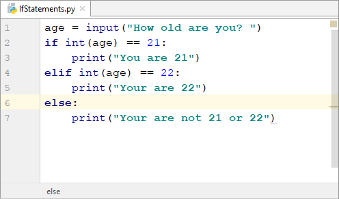 Python code showing example of elif and else