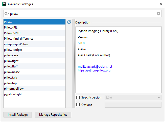 Importing the Python Pillow package in PyCharm