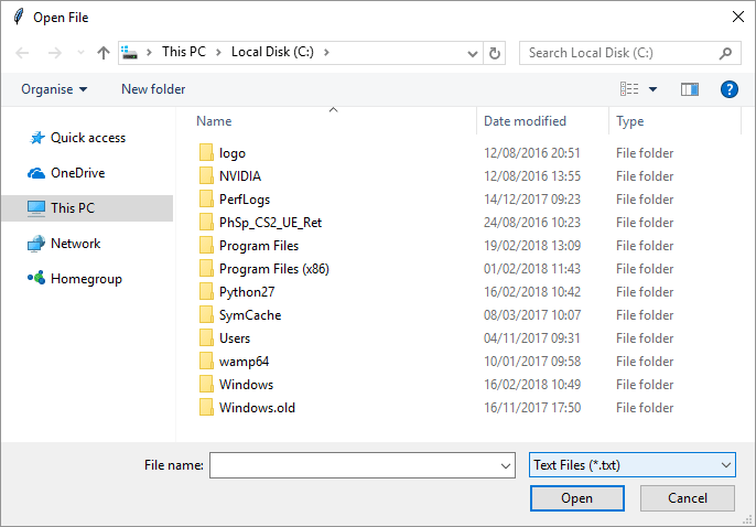 An Open File dialog box on Windows