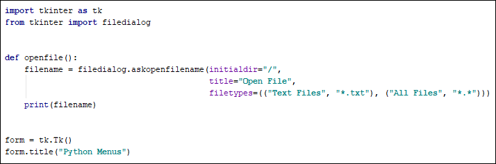 Python code to open a Tkinter dialog box